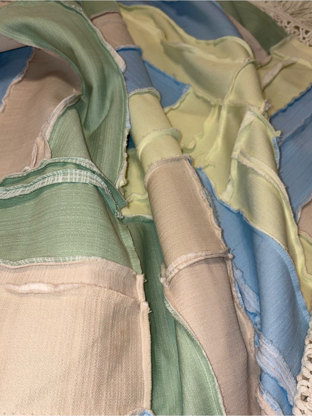 Pastel Patchwork Crochet-Trim Bedspread - White, Blue, Pink, Green - Picture 4 of 7